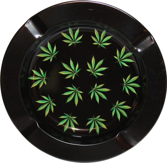 This vintage-style ashtray is made of metal and is black with cannabis green accents. It is 5 1/4 inches in diameter and would look great in any room. 
Always select style (in the drop down menu above) and quantity before purchasing your ashtray !!!!!