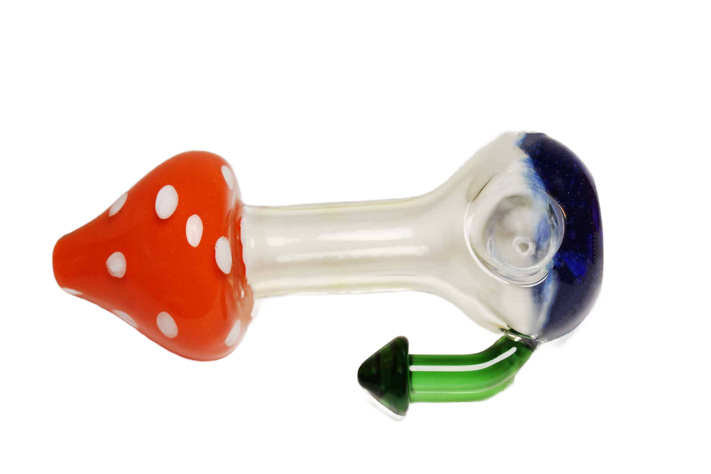 This hand-blown glass smoking pipe is a work of art that you can enjoy. It has a very unique design that looks like a mushroom. 