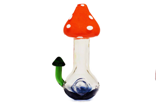 This hand-blown glass smoking pipe is a work of art that you can enjoy. It has a very unique design that looks like a mushroom. 