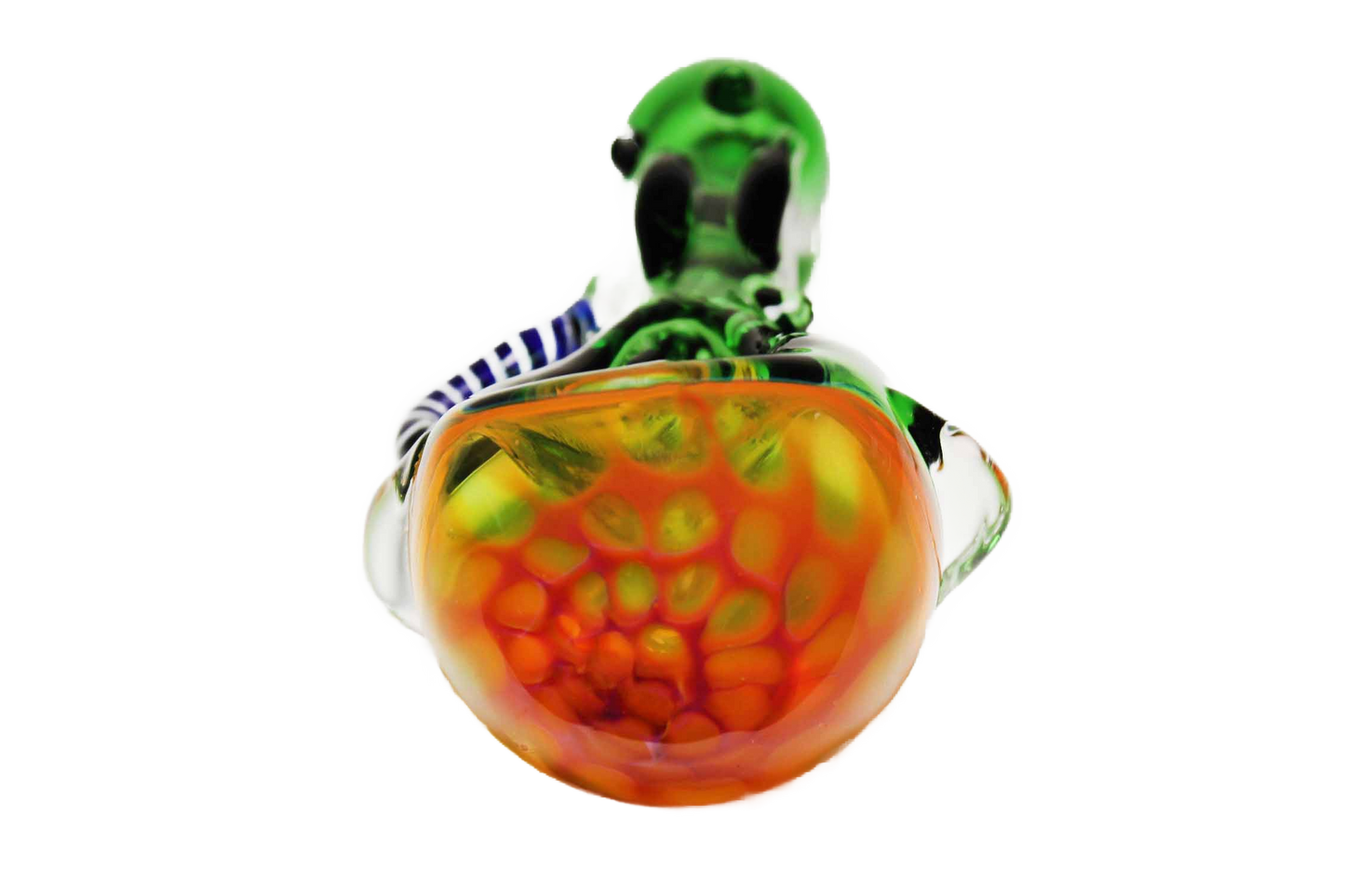 The Honeycomb Spoon Pipe is a hand-blown piece of art made of thick glass in vibrant colors. It measures approximately 4" in length, though it may vary slightly.