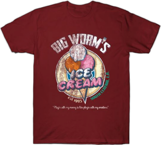 Friday movie fans, check out Big Worm's Ice Cream T-Shirt! This men's shirt is made of 100% cotton and features a graphic of the iconic Big Worm from the movie Friday. It's sure to become a favorite!