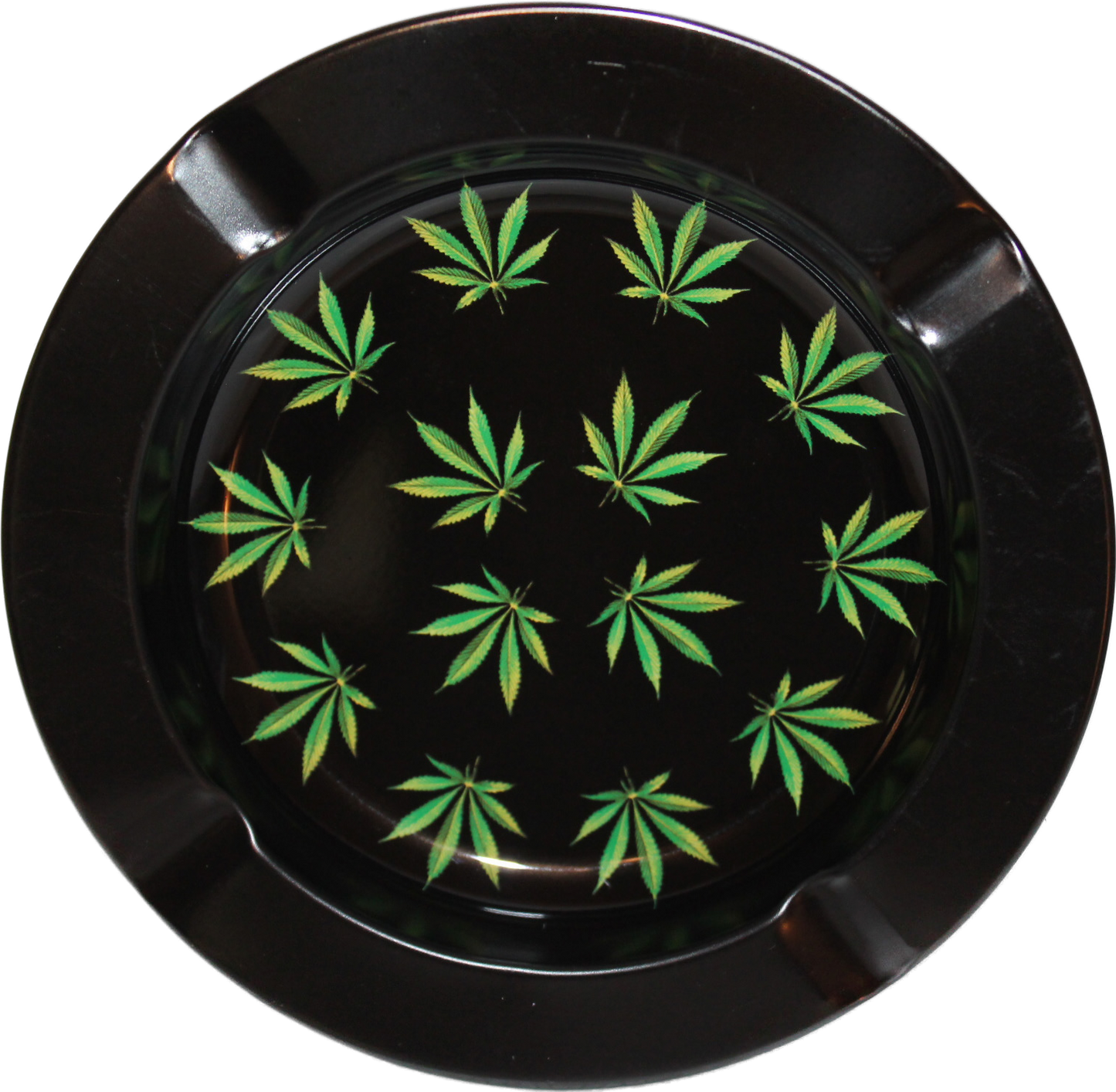 This vintage-style ashtray is made of metal and is black with cannabis green accents. It is 5 1/4 inches in diameter and would look great in any room.&nbsp;

Always select style (in the drop down menu above) and quantity&nbsp;before purchasing your ashtray !!!!!