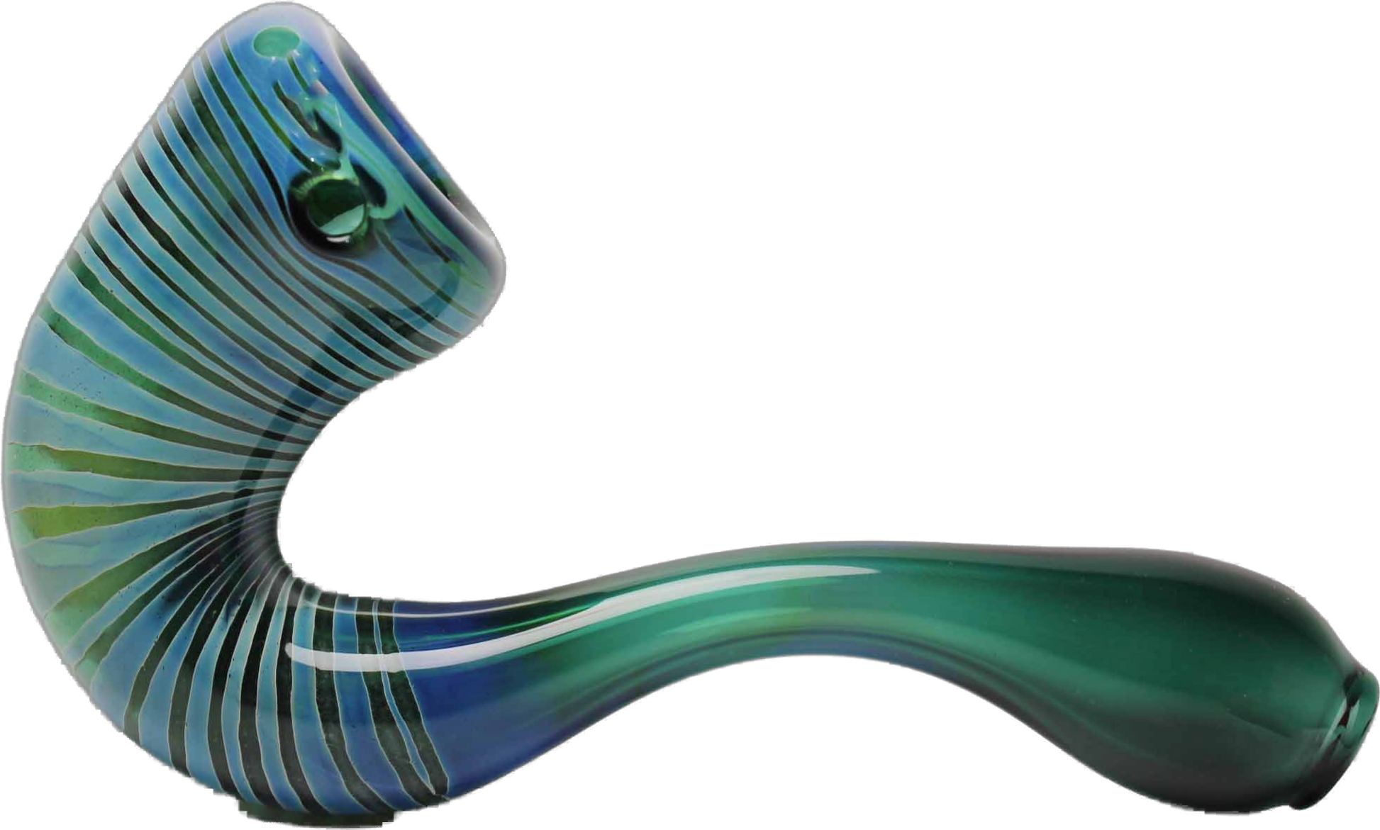 Lake Green and Silver Fumed Glass Sherlock Pipe. This Sherlock pipe is a beautiful glass pipe with a sleek and slender design with a neck that makes it easy to smoke. It is an aesthetically pleasing pipe with a sophisticated touch.