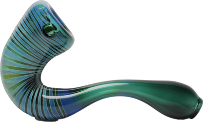 Lake Green and Silver Fumed Glass Sherlock Pipe. This Sherlock pipe is a beautiful glass pipe with a sleek and slender design with a neck that makes it easy to smoke. It is an aesthetically pleasing pipe with a sophisticated touch.