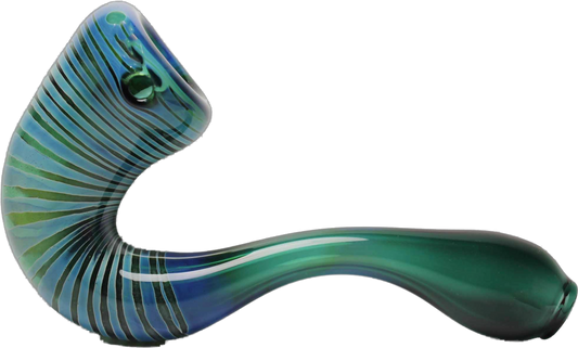 Lake Green and Silver Fumed Glass Sherlock Pipe. This Sherlock pipe is a beautiful glass pipe with a sleek and slender design with a neck that makes it easy to smoke. It is an aesthetically pleasing pipe with a sophisticated touch.