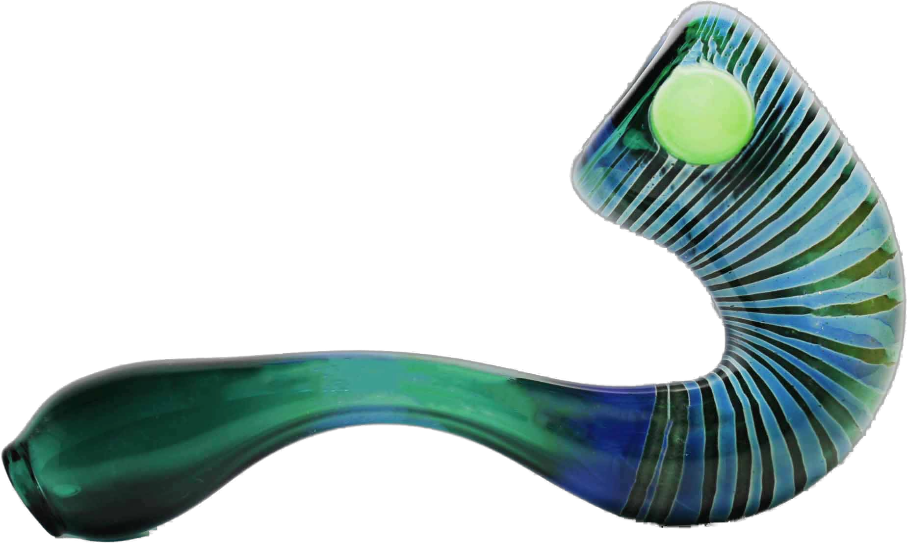 Lake Green and Silver Fumed Glass Sherlock Pipe. This Sherlock pipe is a beautiful glass pipe with a sleek and slender design with a neck that makes it easy to smoke. It is an aesthetically pleasing pipe with a sophisticated touch.