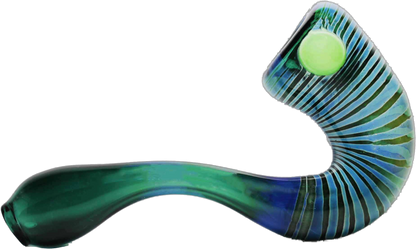 Lake Green and Silver Fumed Glass Sherlock Pipe. This Sherlock pipe is a beautiful glass pipe with a sleek and slender design with a neck that makes it easy to smoke. It is an aesthetically pleasing pipe with a sophisticated touch.