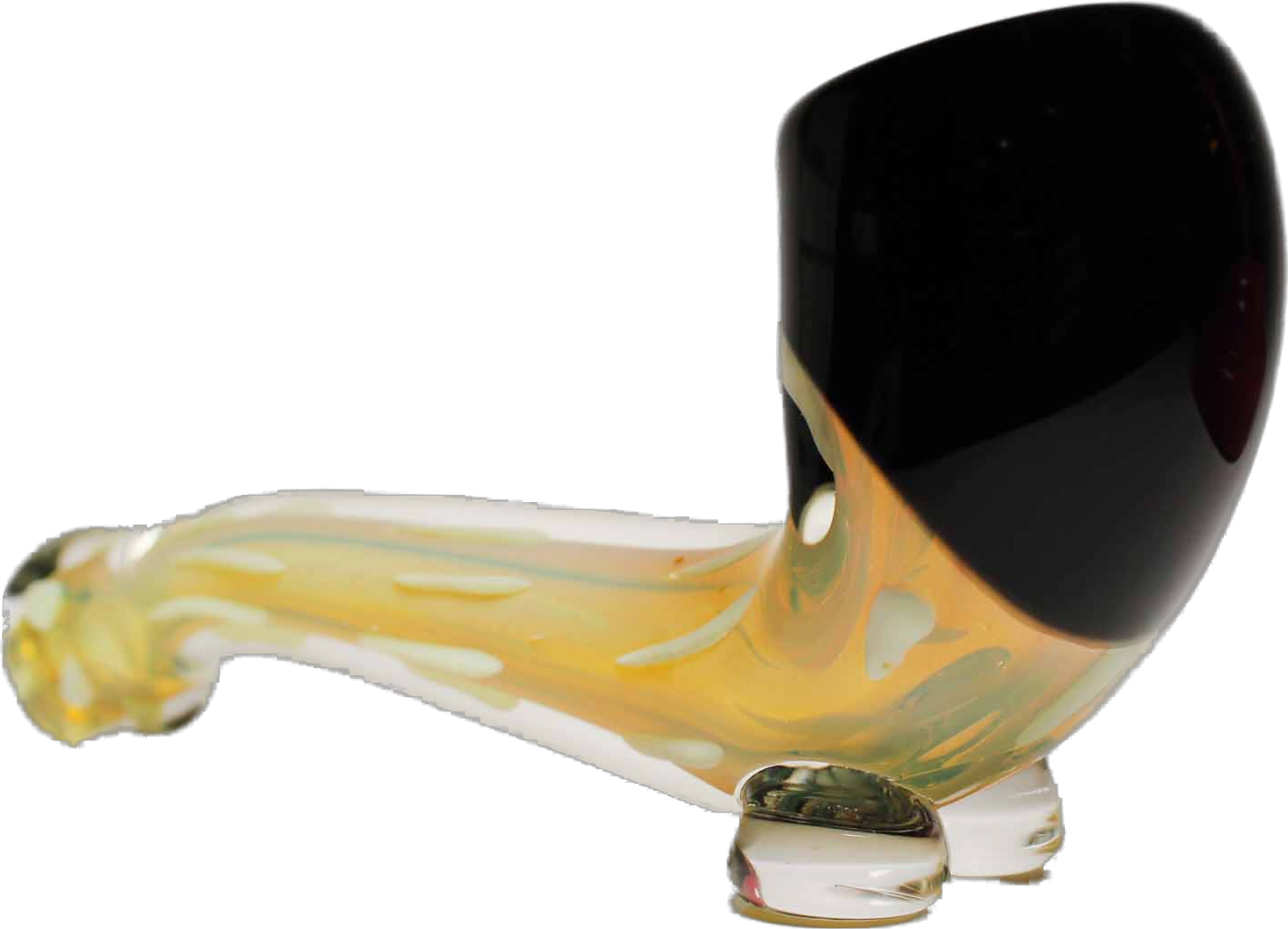 This is a premium 5" black and clear gold fumed glass hand pipe with a Sherlock design. It is handcrafted in the USA.