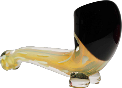 This is a premium 5" black and clear gold fumed glass hand pipe with a Sherlock design. It is handcrafted in the USA.