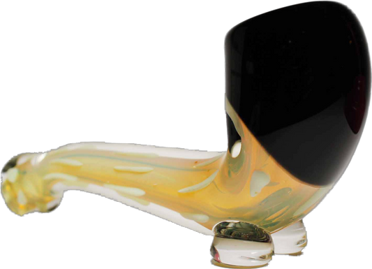 This is a premium 5" black and clear gold fumed glass hand pipe with a Sherlock design. It is handcrafted in the USA.