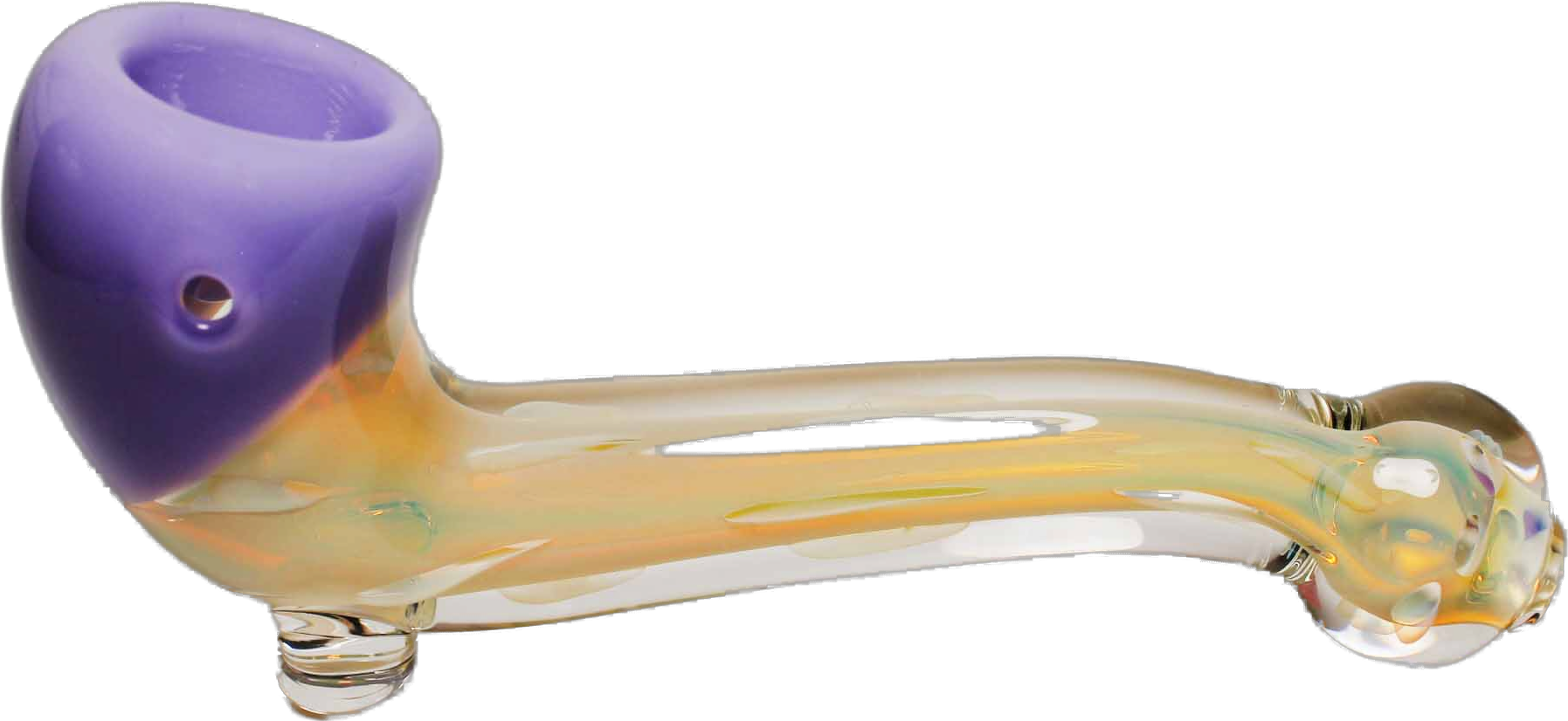 Premium Purple and Clear Gold Fumed Color Changing Glass Pipe. This glass pipe has a sleek feel and smooth hits. This one has different colors that change as you smoke, making it a pleasant experience.