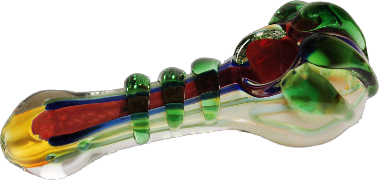 5" Multicolor Gold Fumed Color Changing Glass Pipe. This pipe has a claw-shaped bowl. It's made of glass and changes color when you smoke it.