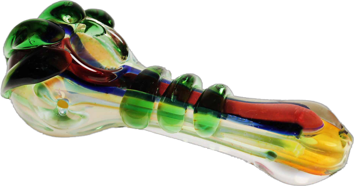 5" Multicolor Gold Fumed Color Changing Glass Pipe. This pipe has a claw-shaped bowl. It's made of glass and changes color when you smoke it.