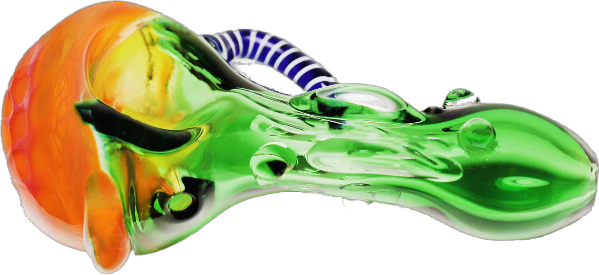 The Honeycomb Spoon Pipe is a hand-blown piece of art made of thick glass in vibrant colors. It measures approximately 4" in length, though it may vary slightly.
