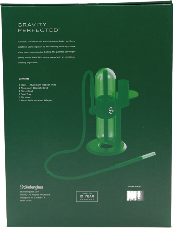 This Dr. Greenthumbs Stundenglass Gravity Bong is perfect for a party crowd. The anodized aluminum frame and borosilicate glass globes provide smooth hits. It comes with a silicone hose assembly, infusion chamber assembly, sticker set, and reusable craft box with handle. It's 15 inches tall.