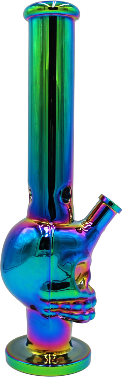 This metallic glass skull water pipe has an ice catcher that ensures a smooth hit every time. It's made of high-quality thick glass that's shiny and eye-catching. The glass bowl has a handle and is 15 1/2" long. It weighs 1 lb. 14.4 oz.