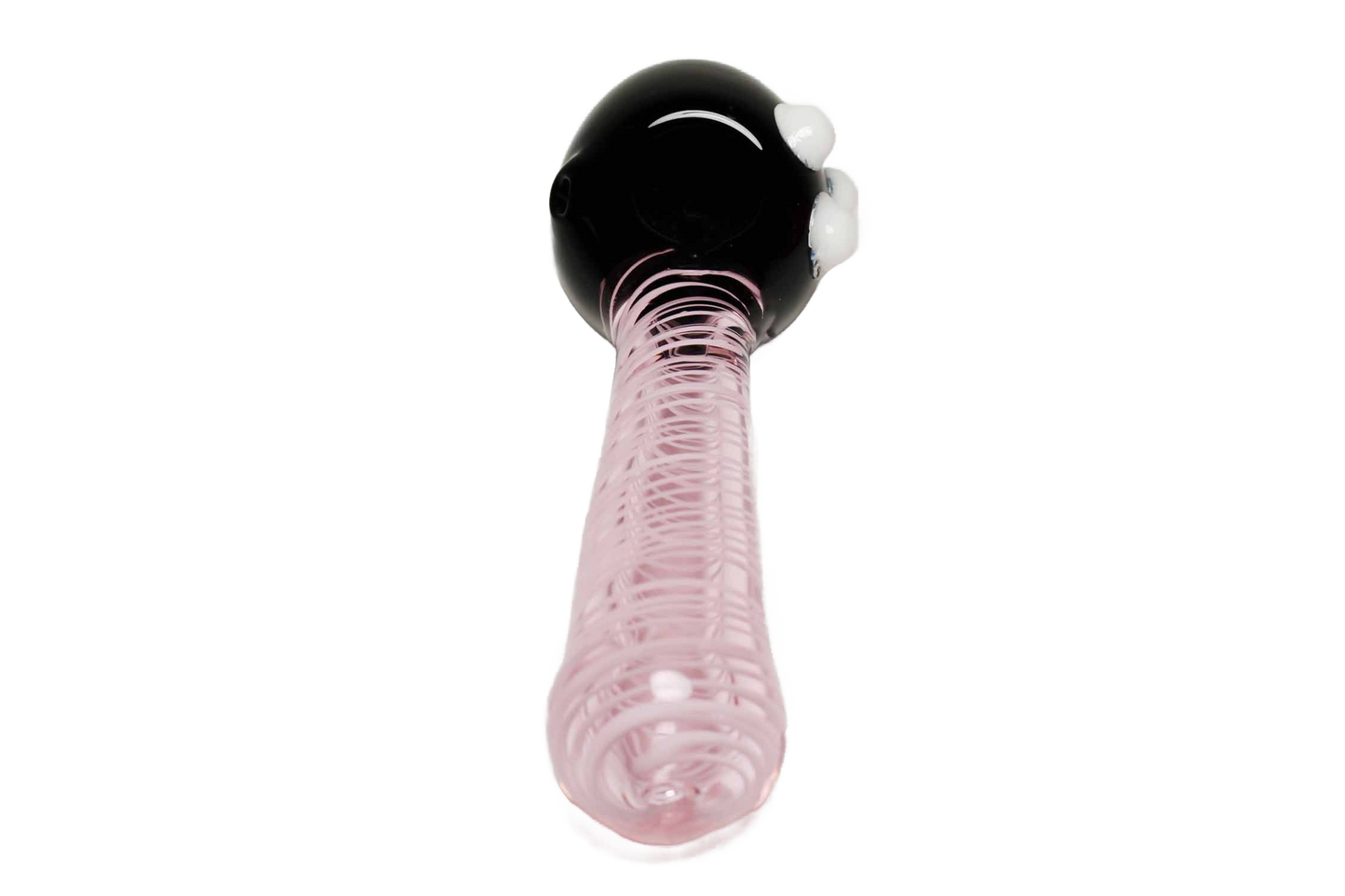 This 5" pink and black premium glass hand pipe is a collectible classic. It's made of handcrafted glass and features an art spiral design