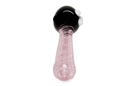 This 5" pink and black premium glass hand pipe is a collectible classic. It's made of handcrafted glass and features an art spiral design