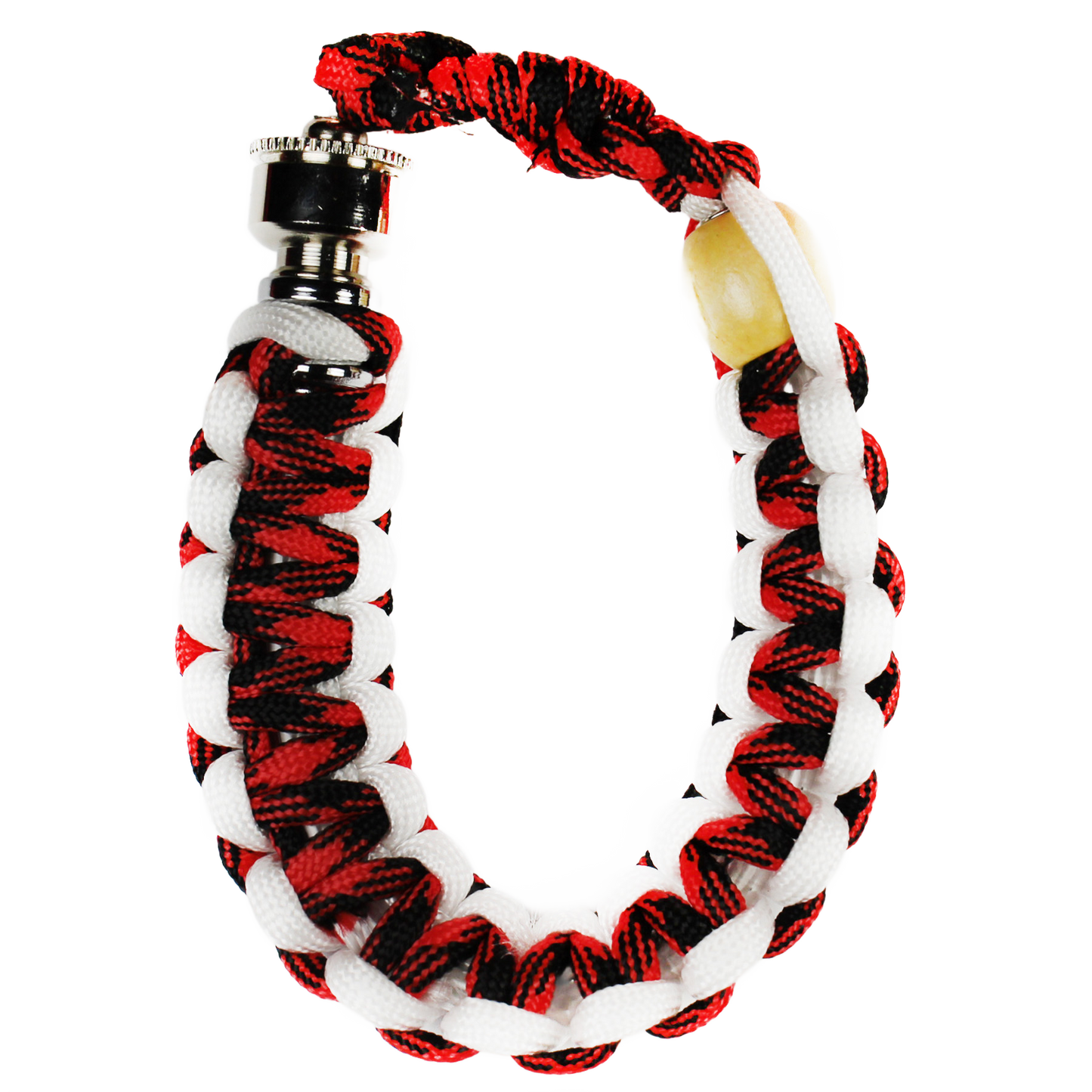 This Red and White Bracelet Pipe is perfect for your backpack or bike. It has a 10" cord.