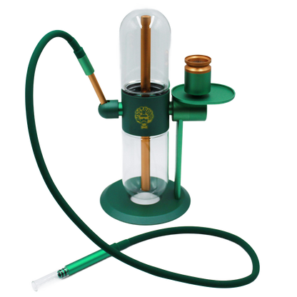 This Dr. Greenthumbs Stundenglass Gravity Bong is perfect for a party crowd. The anodized aluminum frame and borosilicate glass globes provide smooth hits. It comes with a silicone hose assembly, infusion chamber assembly, sticker set, and reusable craft box with handle. It's 15 inches tall.