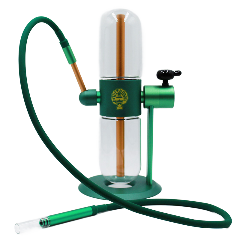 This Dr. Greenthumbs Stundenglass Gravity Bong is perfect for a party crowd. The anodized aluminum frame and borosilicate glass globes provide smooth hits. It comes with a silicone hose assembly, infusion chamber assembly, sticker set, and reusable craft box with handle. It's 15 inches tall.