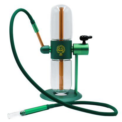 This Dr. Greenthumbs Stundenglass Gravity Bong is perfect for a party crowd. The anodized aluminum frame and borosilicate glass globes provide smooth hits. It comes with a silicone hose assembly, infusion chamber assembly, sticker set, and reusable craft box with handle. It's 15 inches tall.