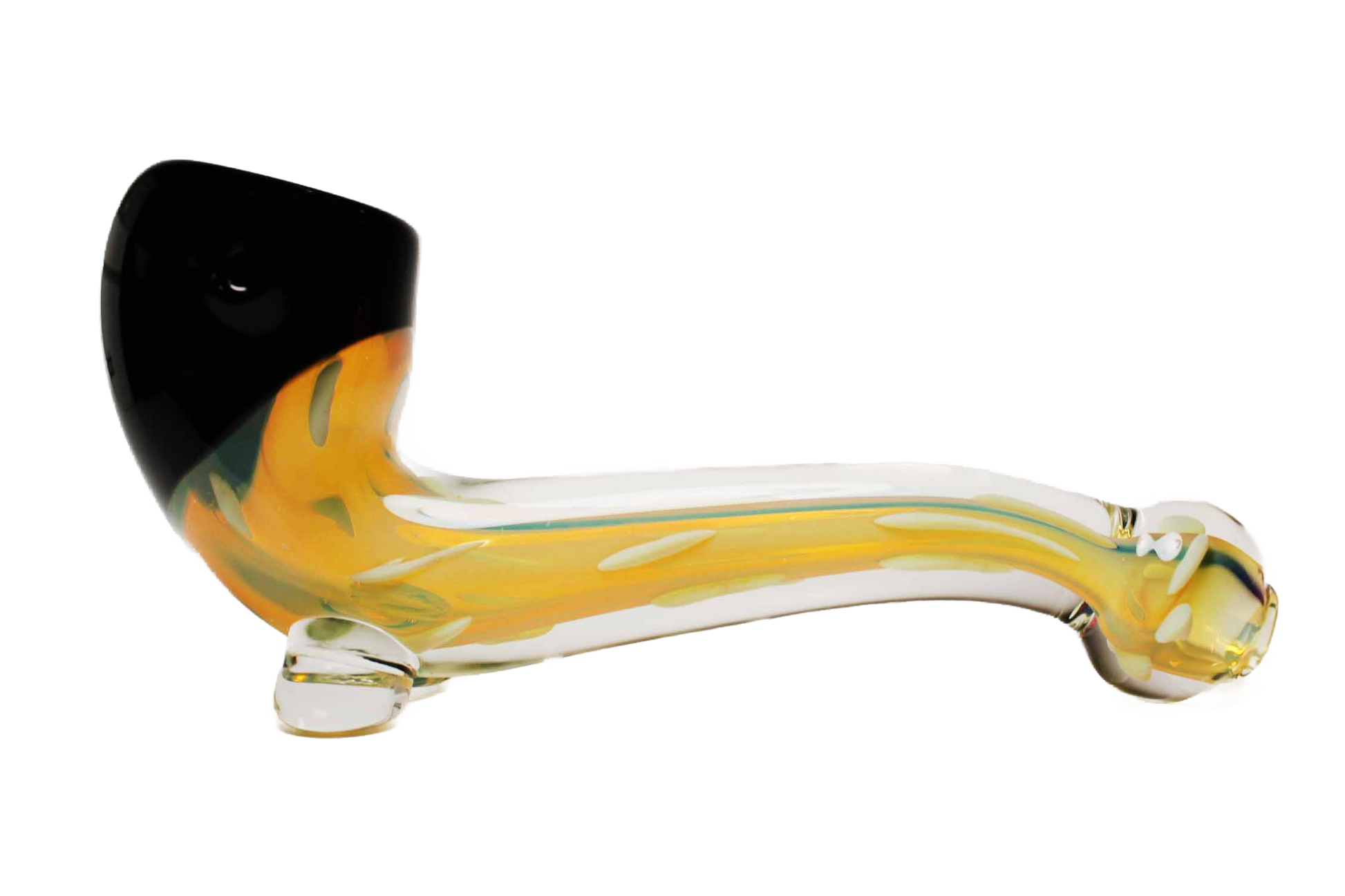 This is a premium 5" black and clear gold fumed glass hand pipe with a Sherlock design. It is handcrafted in the USA.