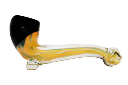 This is a premium 5" black and clear gold fumed glass hand pipe with a Sherlock design. It is handcrafted in the USA.