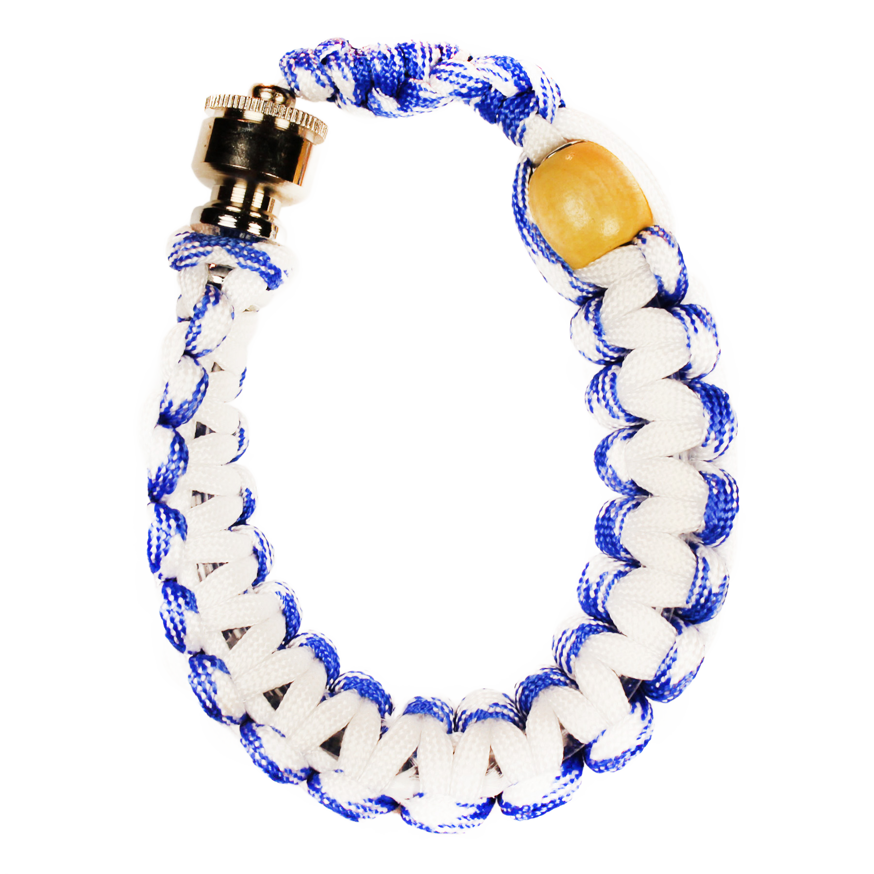 This Blue and White Bracelet Pipe is perfect for your backpack or bike. It has a 10" cord.