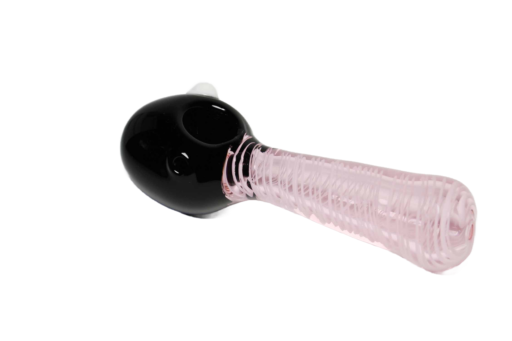 This 5" pink and black premium glass hand pipe is a collectible classic. It's made of handcrafted glass and features an art spiral design.