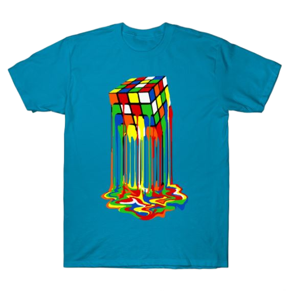 This is a men's t-shirt with a picture of a melting Rubik's cube on it. The shirt is a classic style, and comes in teal.