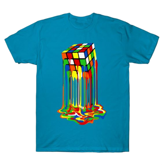 This is a men's t-shirt with a picture of a melting Rubik's cube on it. The shirt is a classic style, and comes in teal.