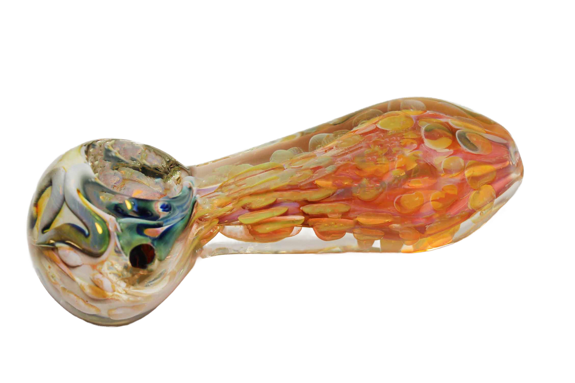 This is the Golden Fumed Premium Glass Smoking Pipe. It's made of high-quality glass and has a unique design.