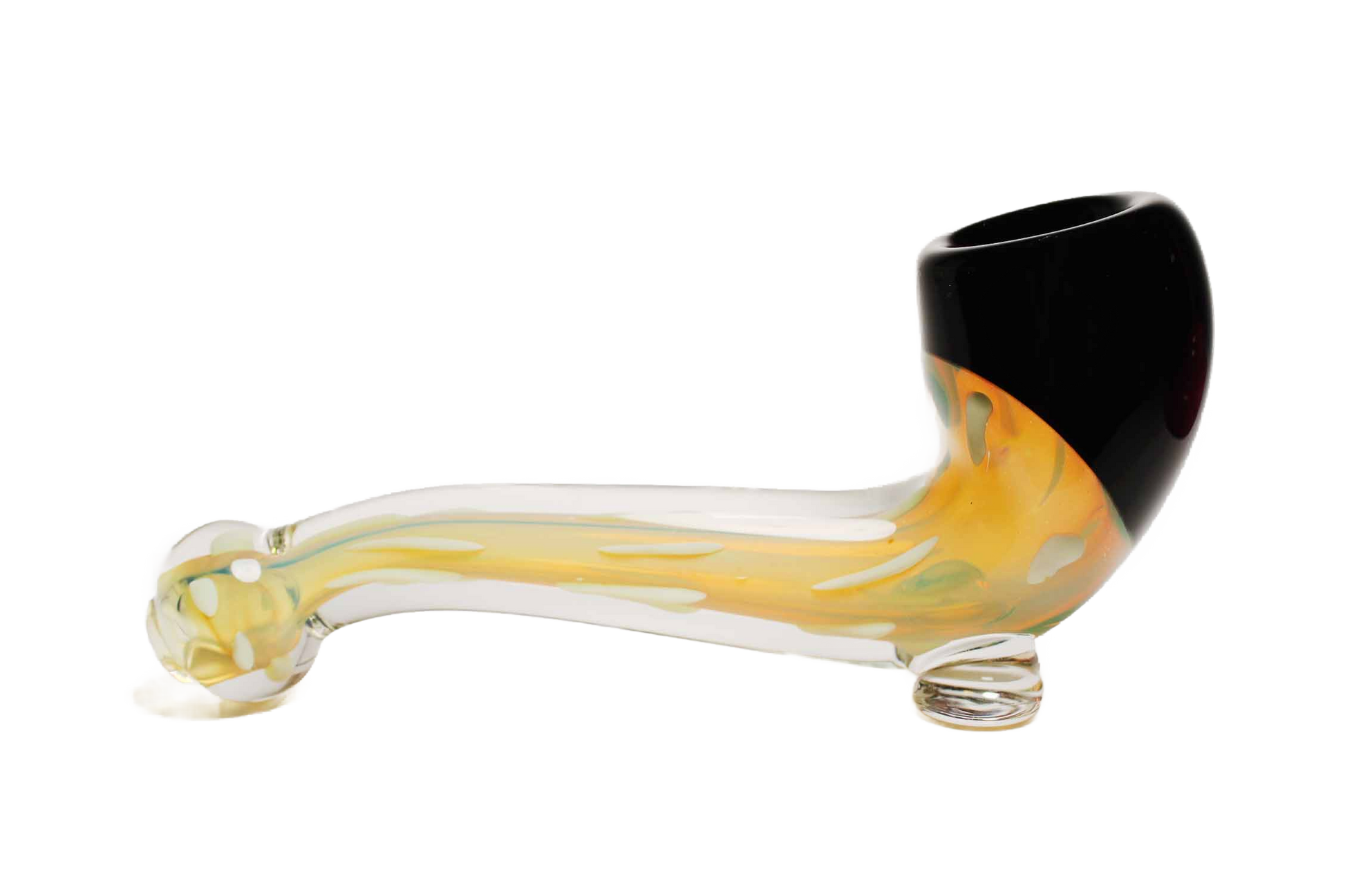 This is a premium 5" black and clear gold fumed glass hand pipe with a Sherlock design. It is handcrafted in the USA.