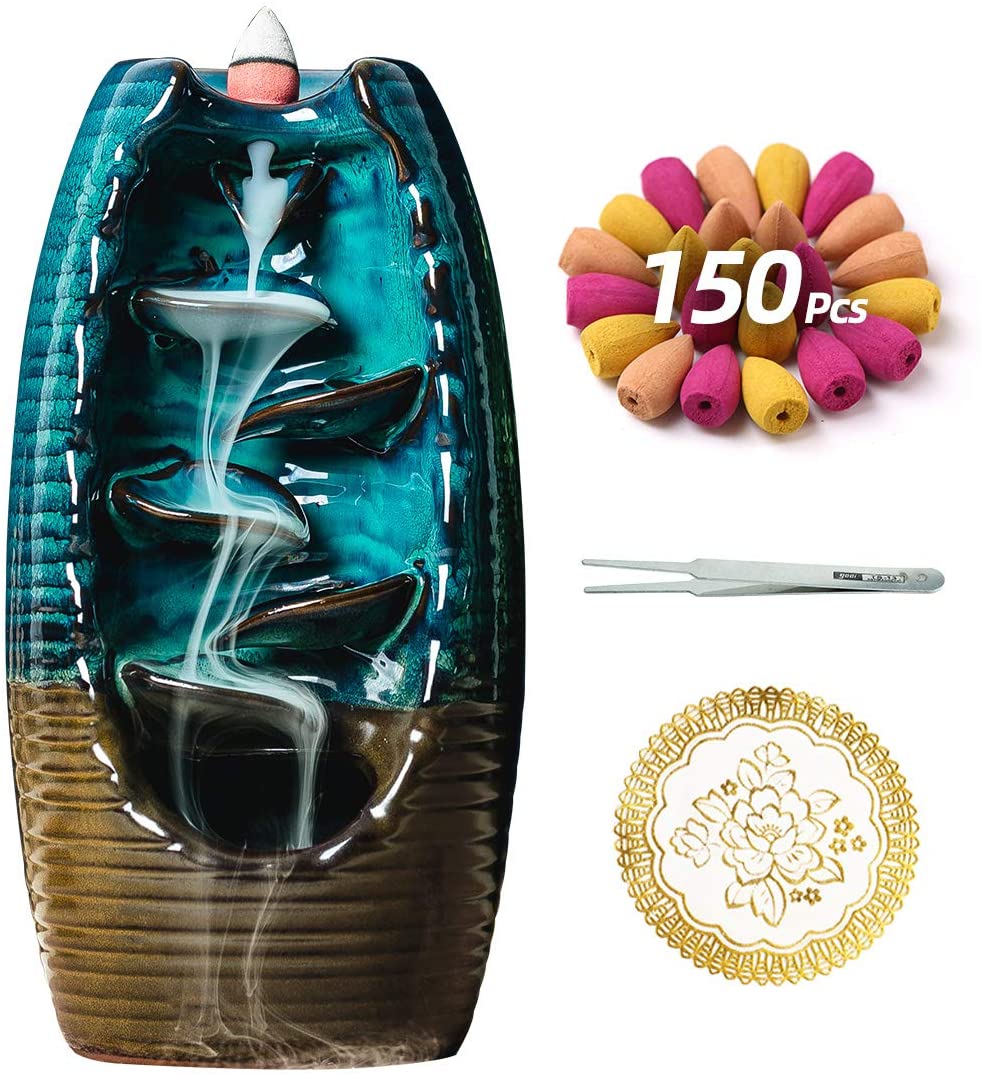 The Waterfall Ceramic Incense Burner is a beautiful home decor item that also provides aromatherapy. It comes with 150 backflow cones, tweezers, and a mat.