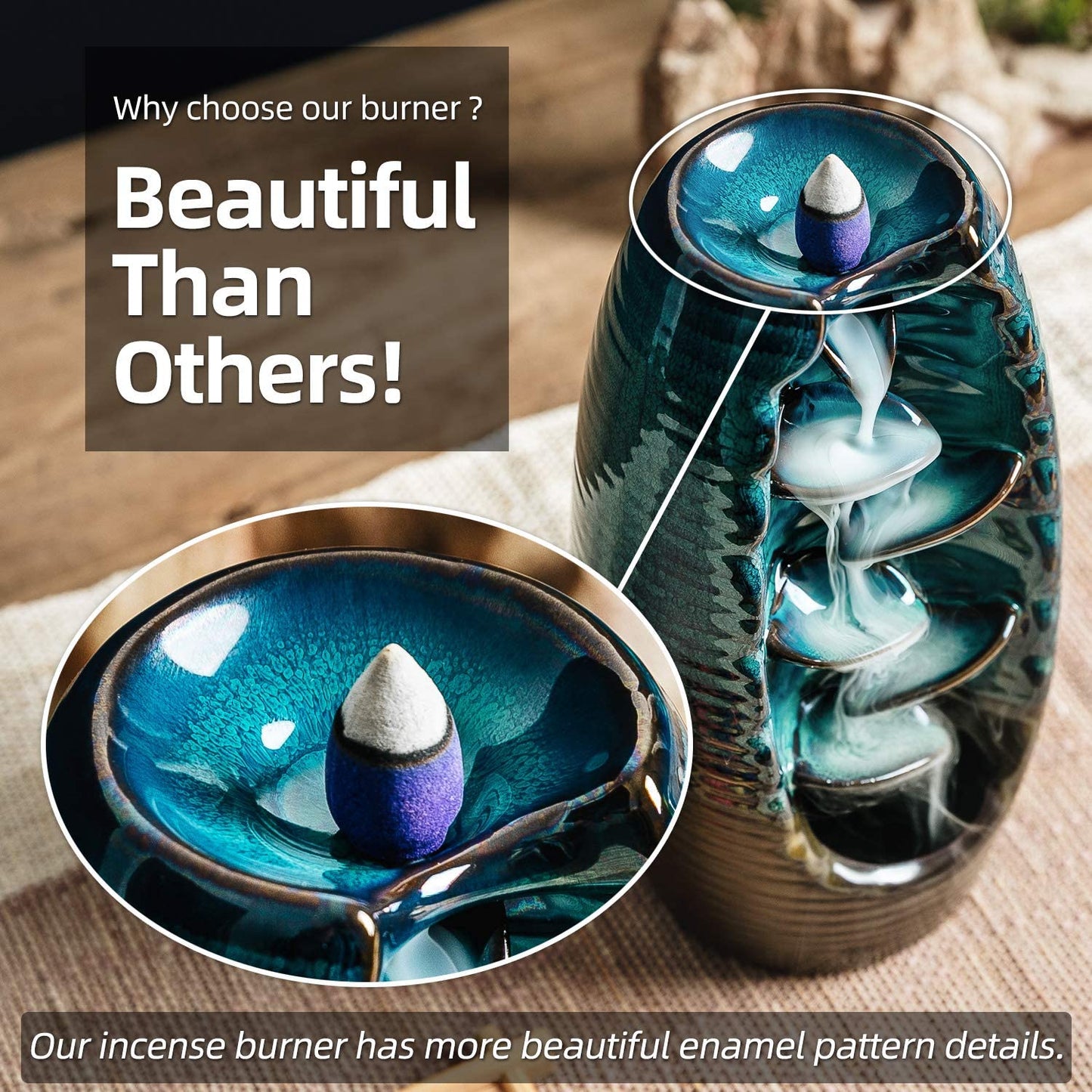 The Waterfall Ceramic Incense Burner is a beautiful home decor item that also provides aromatherapy. It comes with 150 backflow cones, tweezers, and a mat.