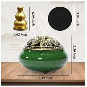 This ceramic incense burner is a beautiful emerald green. It comes with a brass incense holder and a felt mat. It's suitable for linear, cone, and pan incense sticks.