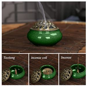 This ceramic incense burner is a beautiful emerald green. It comes with a brass incense holder and a felt mat. It's suitable for linear, cone, and pan incense sticks.