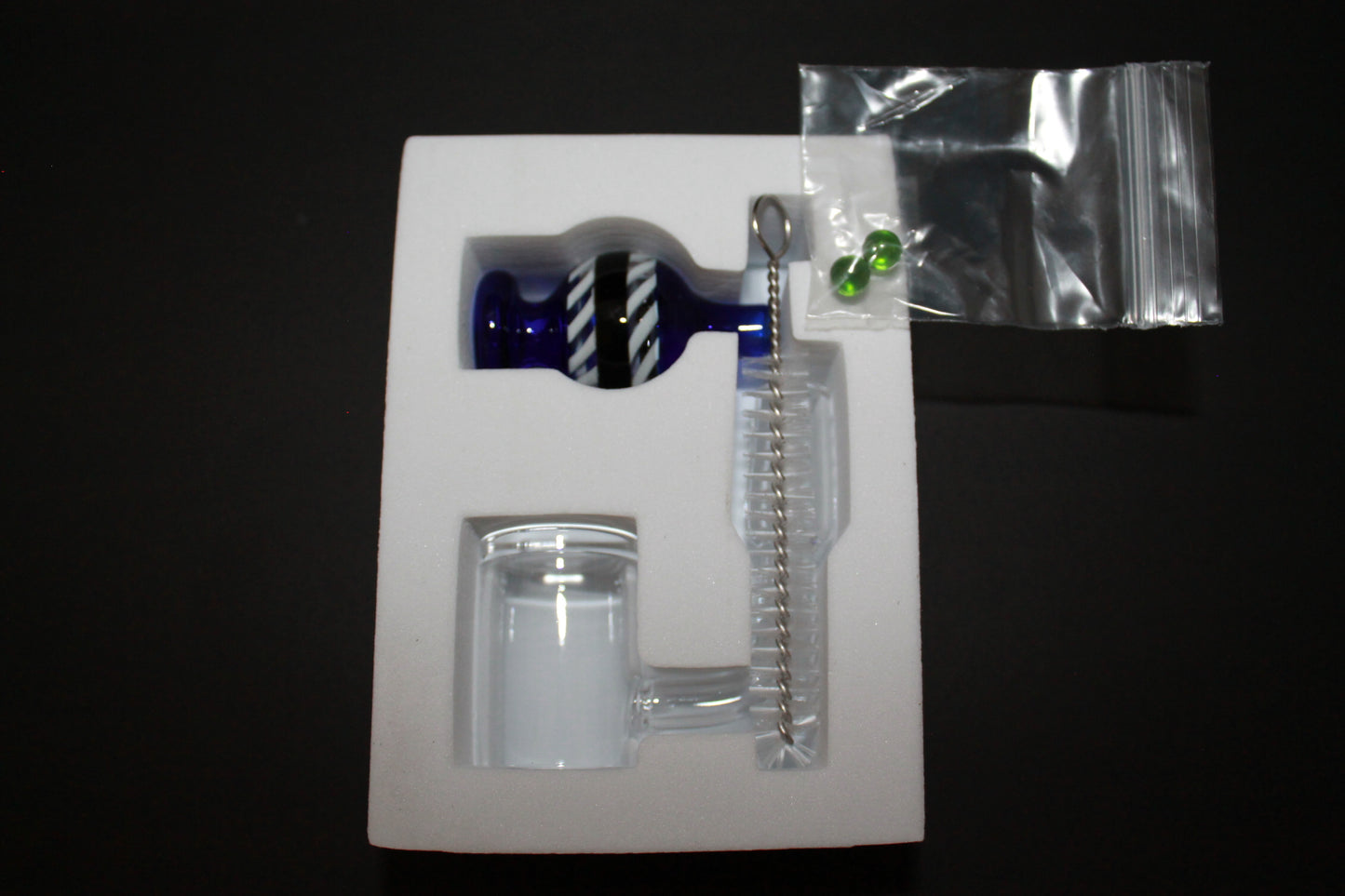 KB Quartz Banger and accessories 1 piece Quartz Banger, 1 Piece Blue and White Carb Cap, 2 Piece Green Glass Beads, 1 Piece Cleaning Brush