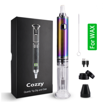 Portable Cozzy Dab Pen with Glass Bubbler and Quartz Tip                      (Three heat settings) High quality, portable Cozzy Dip & Dab Pen, with glass bubbler and quartz tip.   Includes:  1 Cozzy Dab Pen with Bubble,  1 USB Cable,1 Silicon Container, 1 Cleaning Brush, 1 Tip Cap